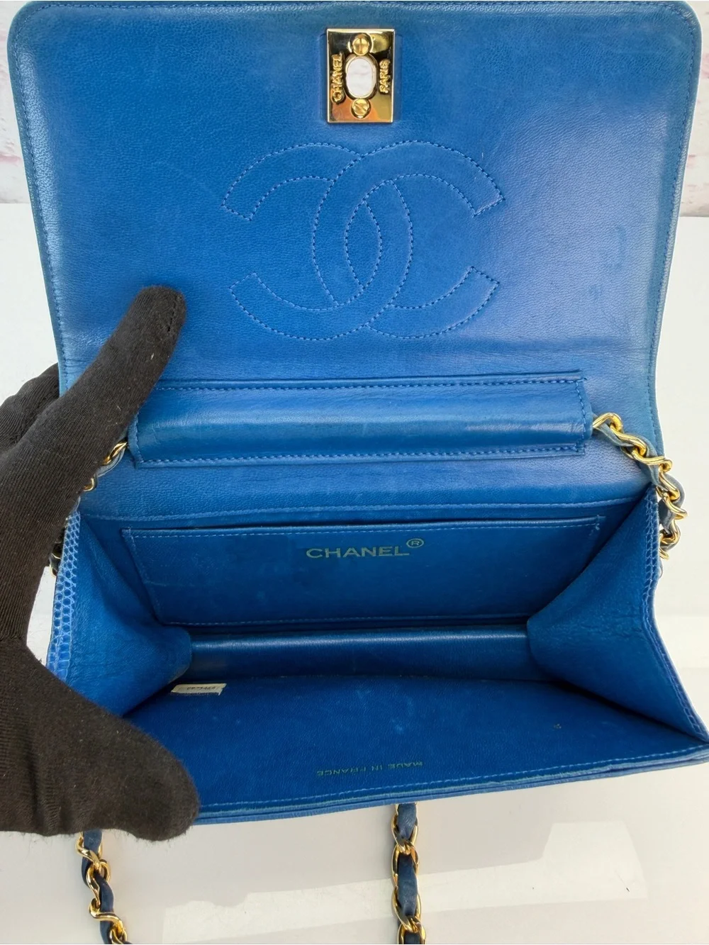 RARE Chanel Blue Lizard Skin Flap Bag Wallet on Chain 0 Series 1986-88